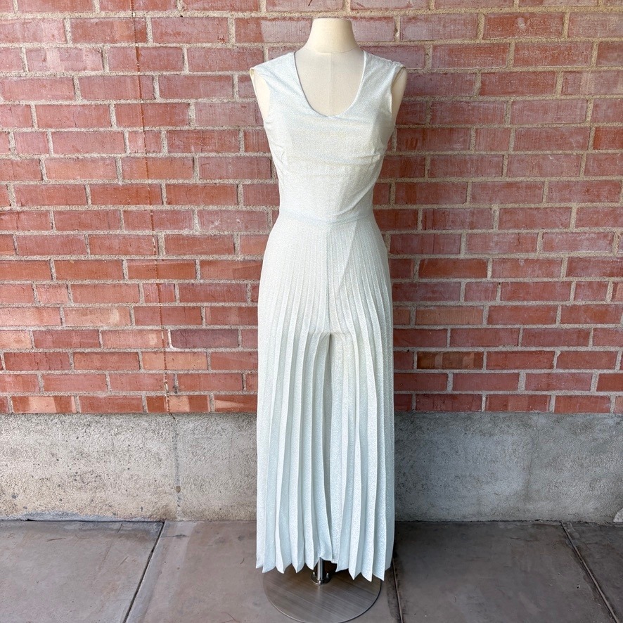 Vtg Miss Shaheen Silver Pleated Wide Leg Jumpsuit Size 10 Disco Retro